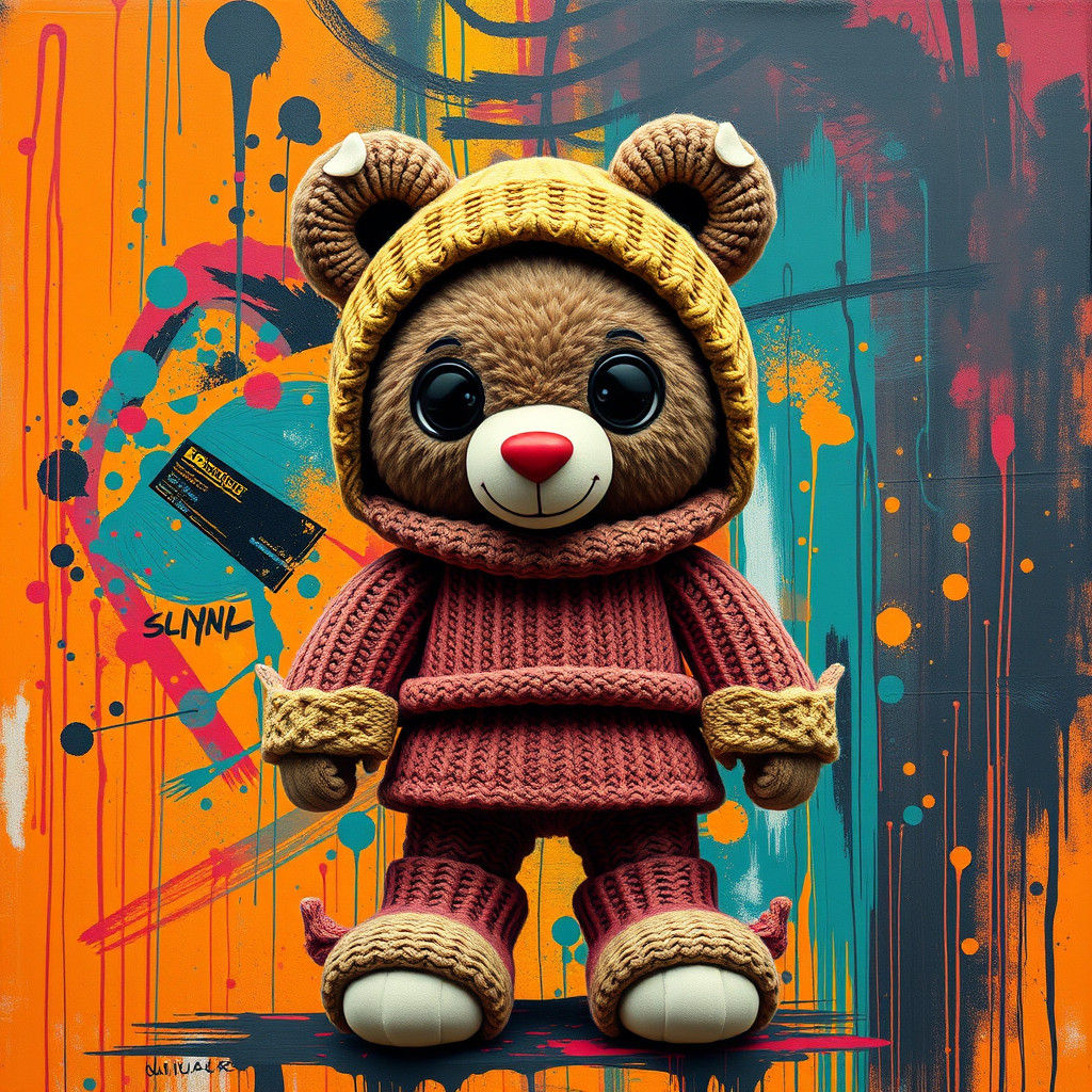 Plush Toy in Knitted Outfit with Graffiti Art