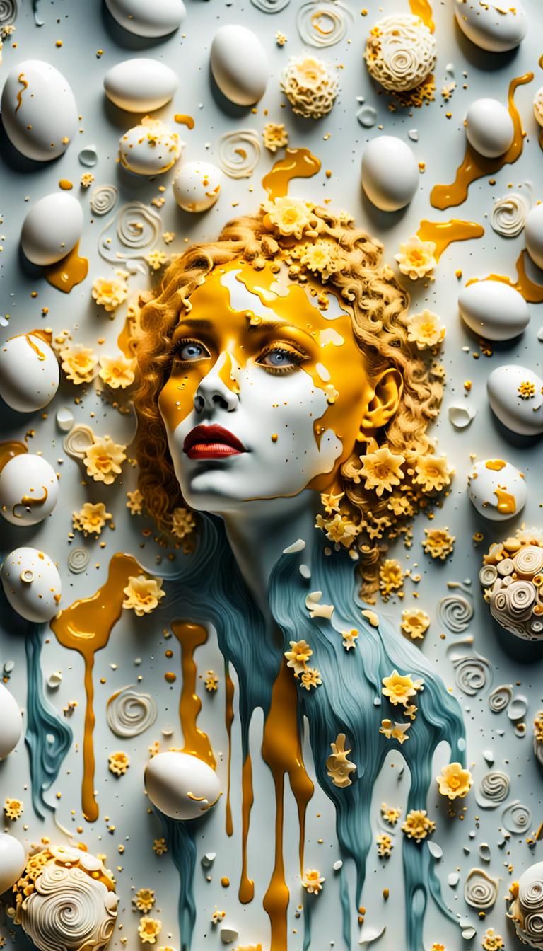 Dreamlike Girl's Face in Surreal Scrambled Egg Kitchen