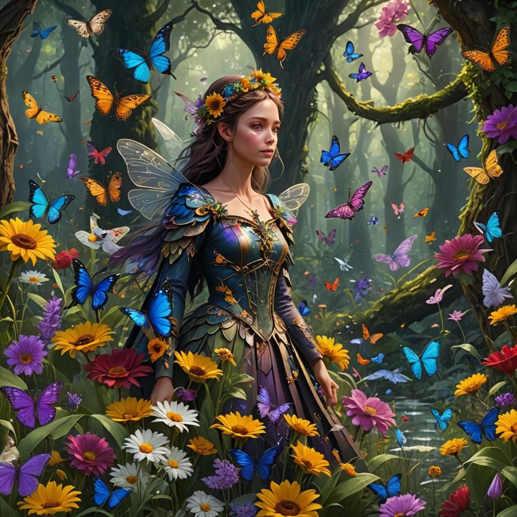 Enchanted Fairy Forest with Dragonflies and Peacocks