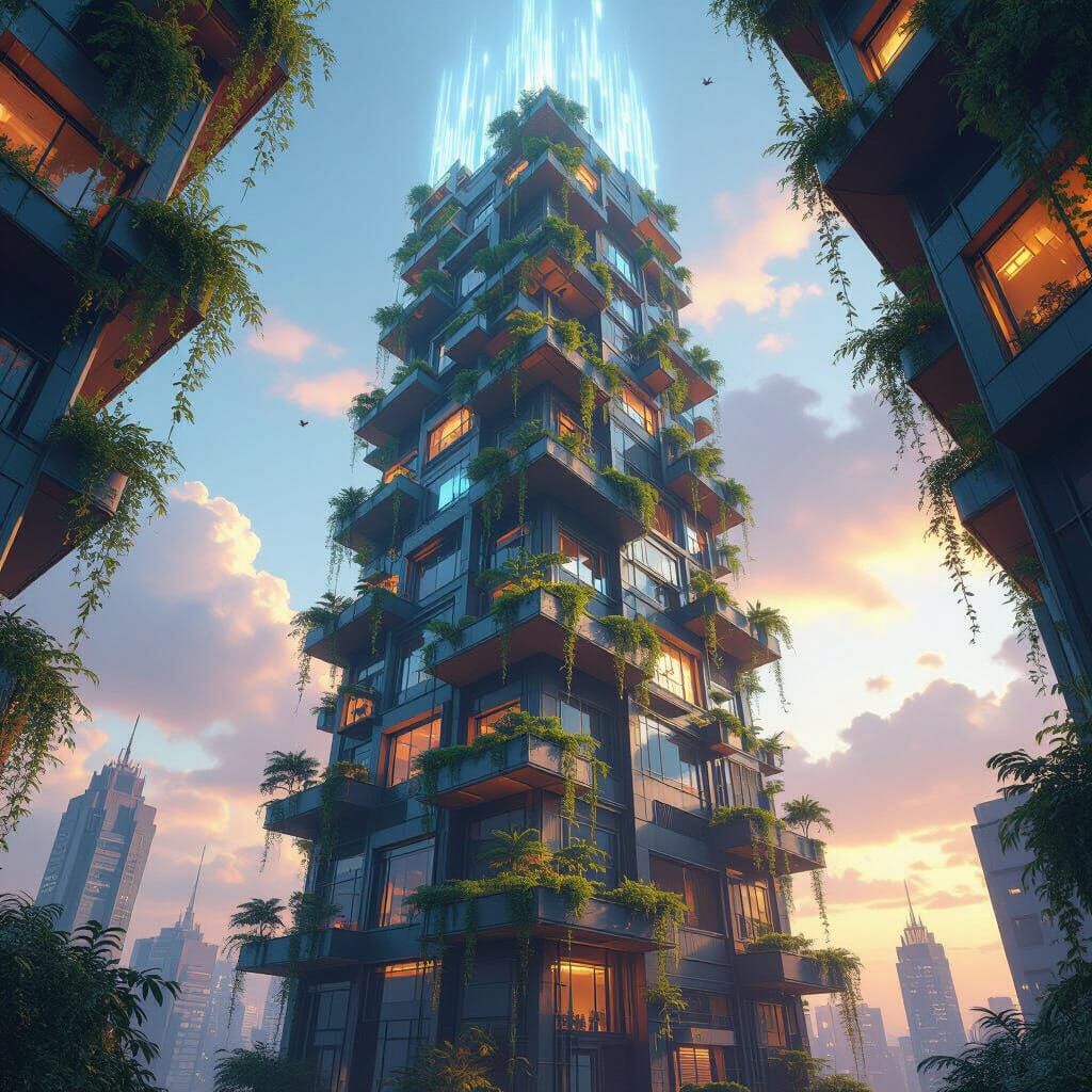 Futuristic Skyscraper with Lush Balconies and Blue Lights