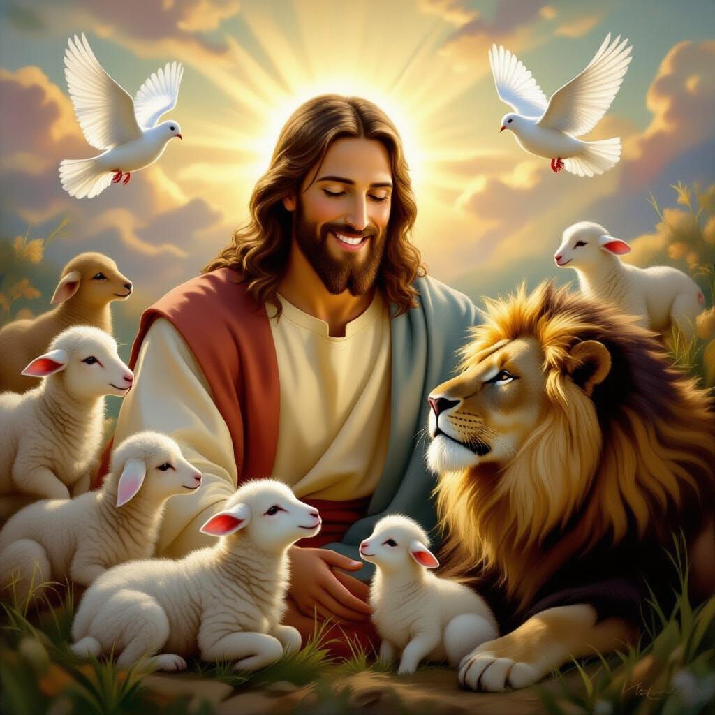 Jesus Smiling Peacefully With Gentle Animals in Oil Painting...
