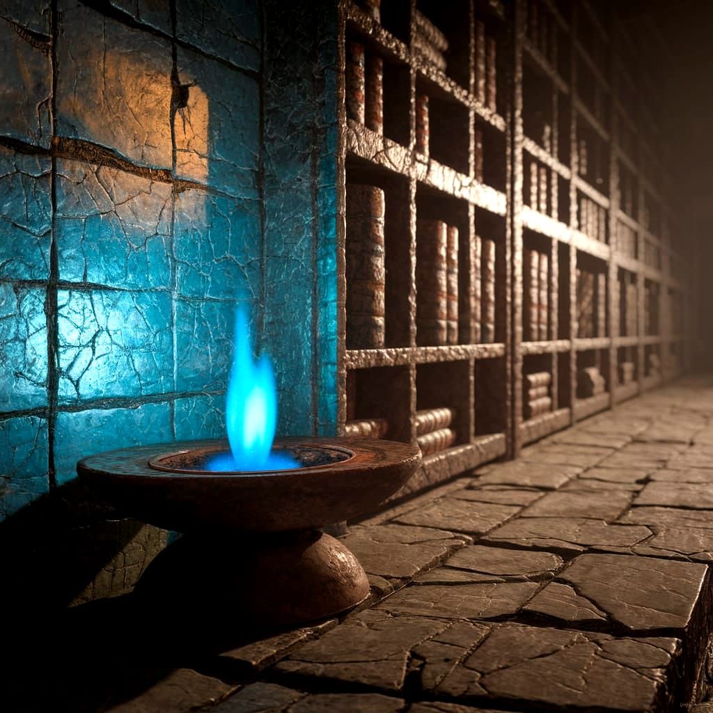 Ethereal Blue Flame in Ancient Stone Chamber