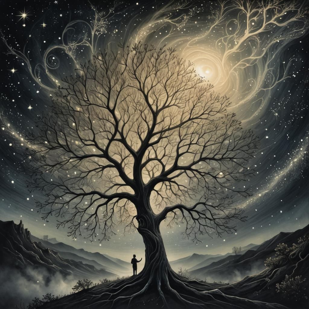 Mystical Tree in Starry Expanse: Dreamlike Charcoal Illustra...