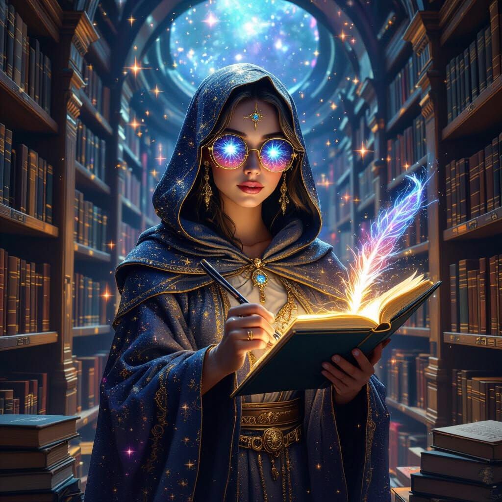 Cosmic Librarian with Galaxy Eyes in Hyperrealistic Style