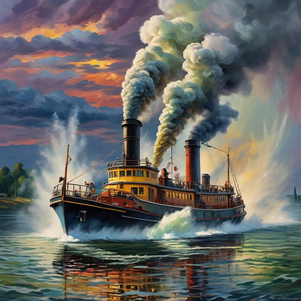 Steamboat in Expressionist Neo-Impressionist Oil Painting