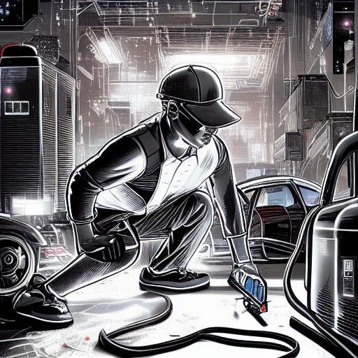 Cyberpunk Handyman Fixes Car in Comic Book Art