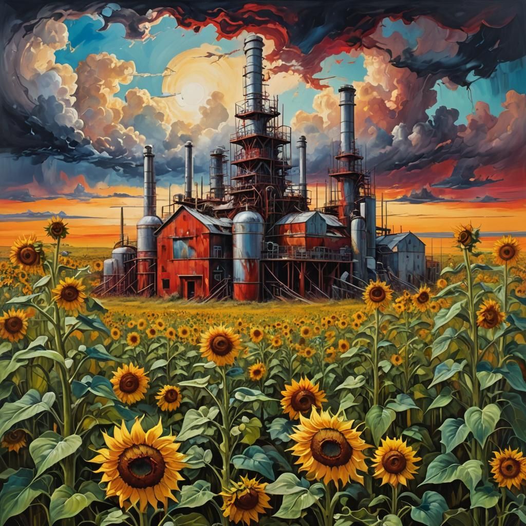 Surreal Oil Refinery in Sunflower Field