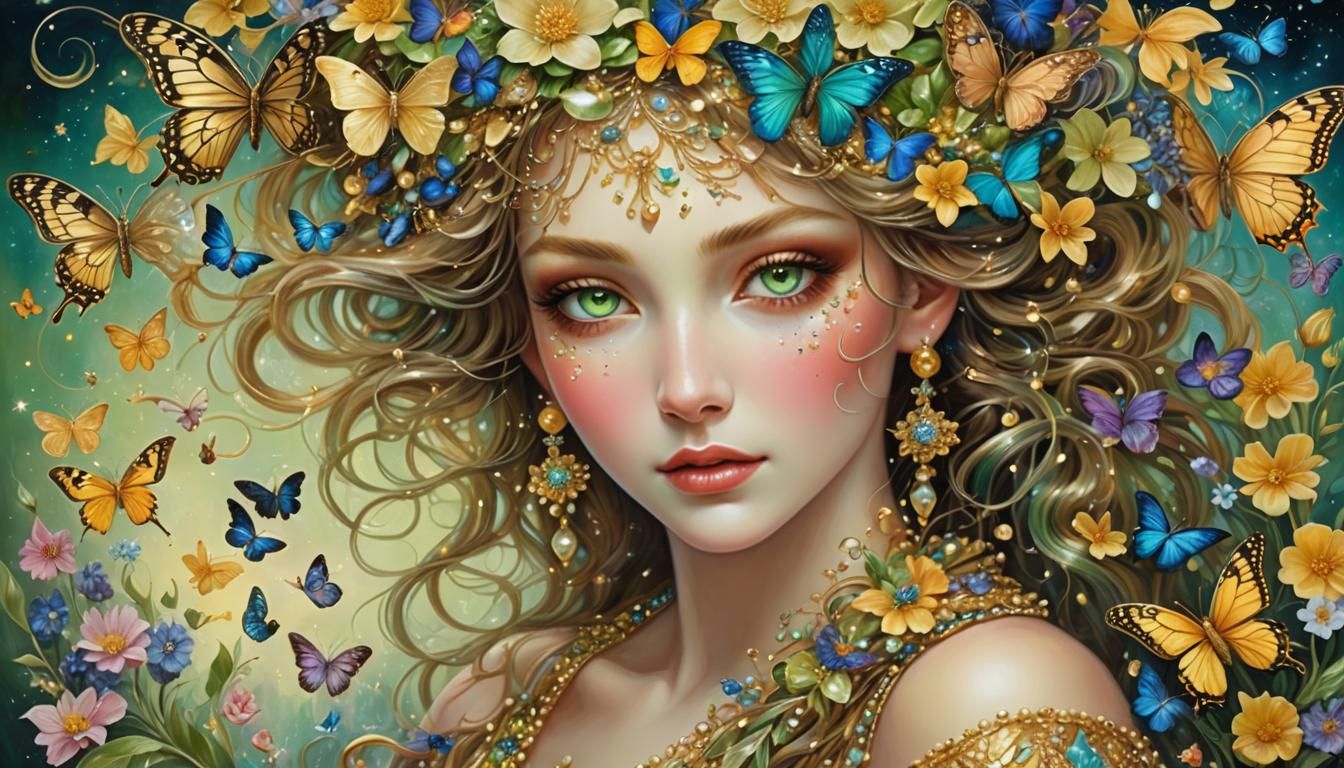 Green-Eyed Beauty in a Floral Fantasy
