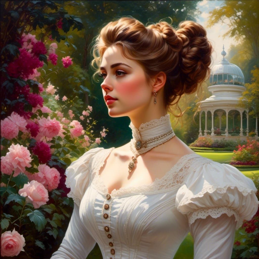 Victorian Lady in Mystic Garden: Oil-Guache Portrait