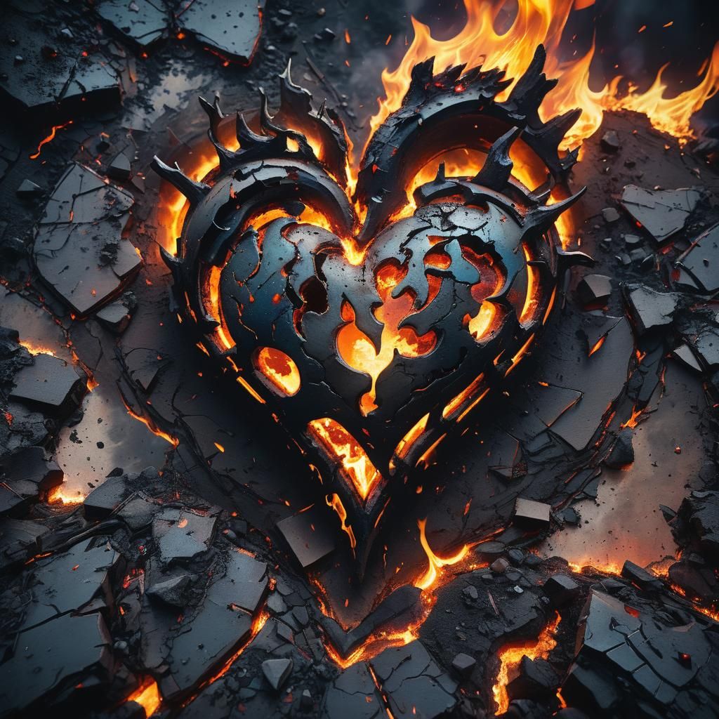 Apocalyptic Surrealist Heart in Flames and Shattered Earth