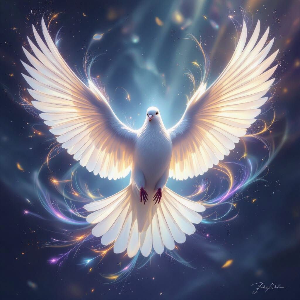 Majestic Dove Spreading Glowing Wings in Ethereal Light