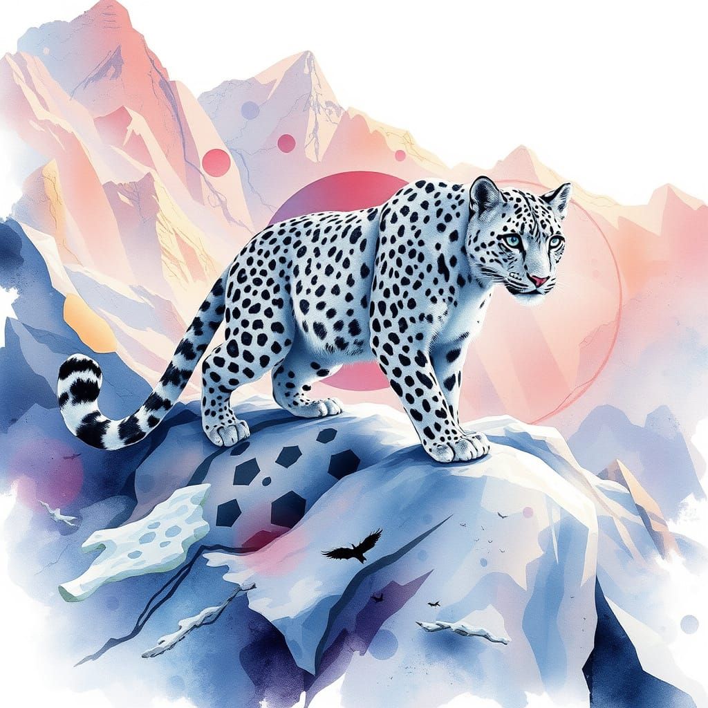 Whimsical Snow Leopard Steps Across Alpine Slopes in Etherea...