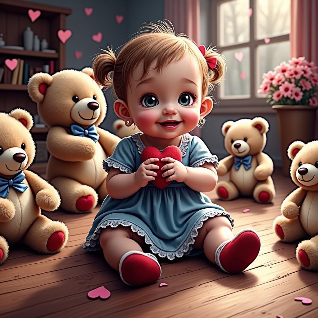 Adorable Baby Girl Playing with Teddy Bears