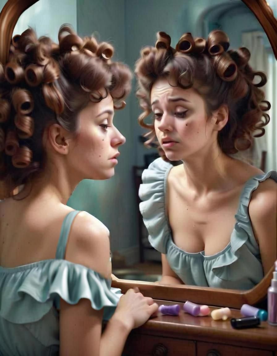 Hyperrealistic Woman with Mirror Reflection in Matte Paintin...