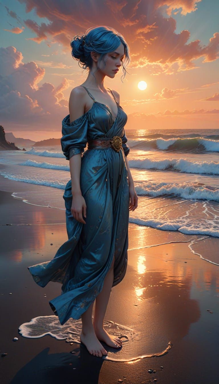 Surreal Portrait on Black Sand Beach at Sunset