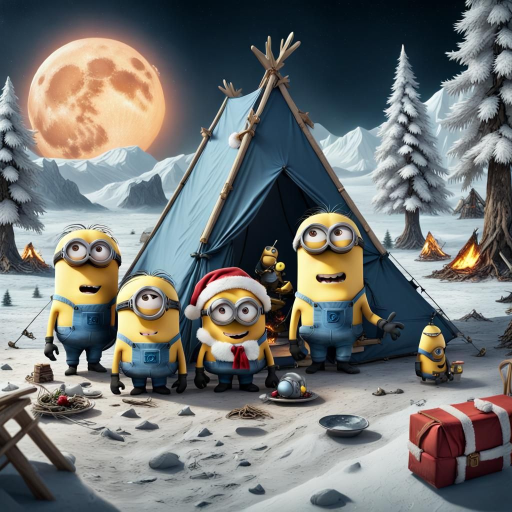 Three funny crazy minions camping on the moon on Christmas Eve