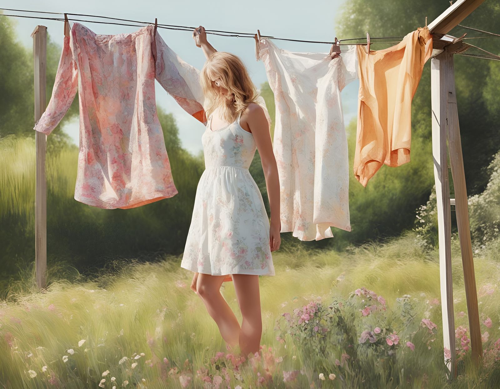 Summer Laundry Day: Oil Painting of a Young Woman