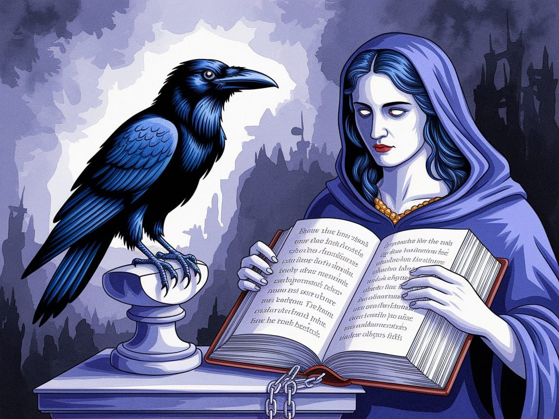 Morrigan Reading Book with Raven, Watercolor Chiaroscuro