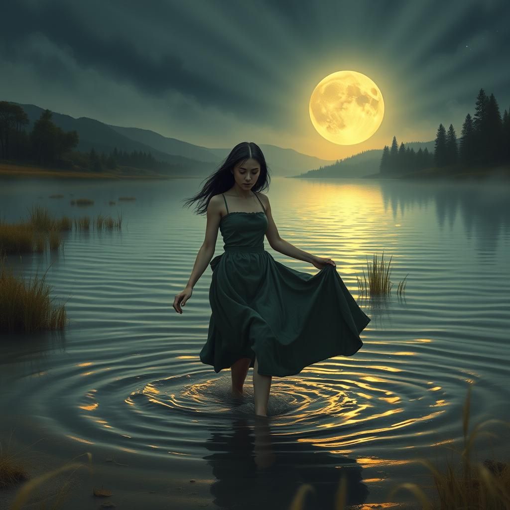 Woman Emerges from Muddy Lakeshore in Oil Painting Style