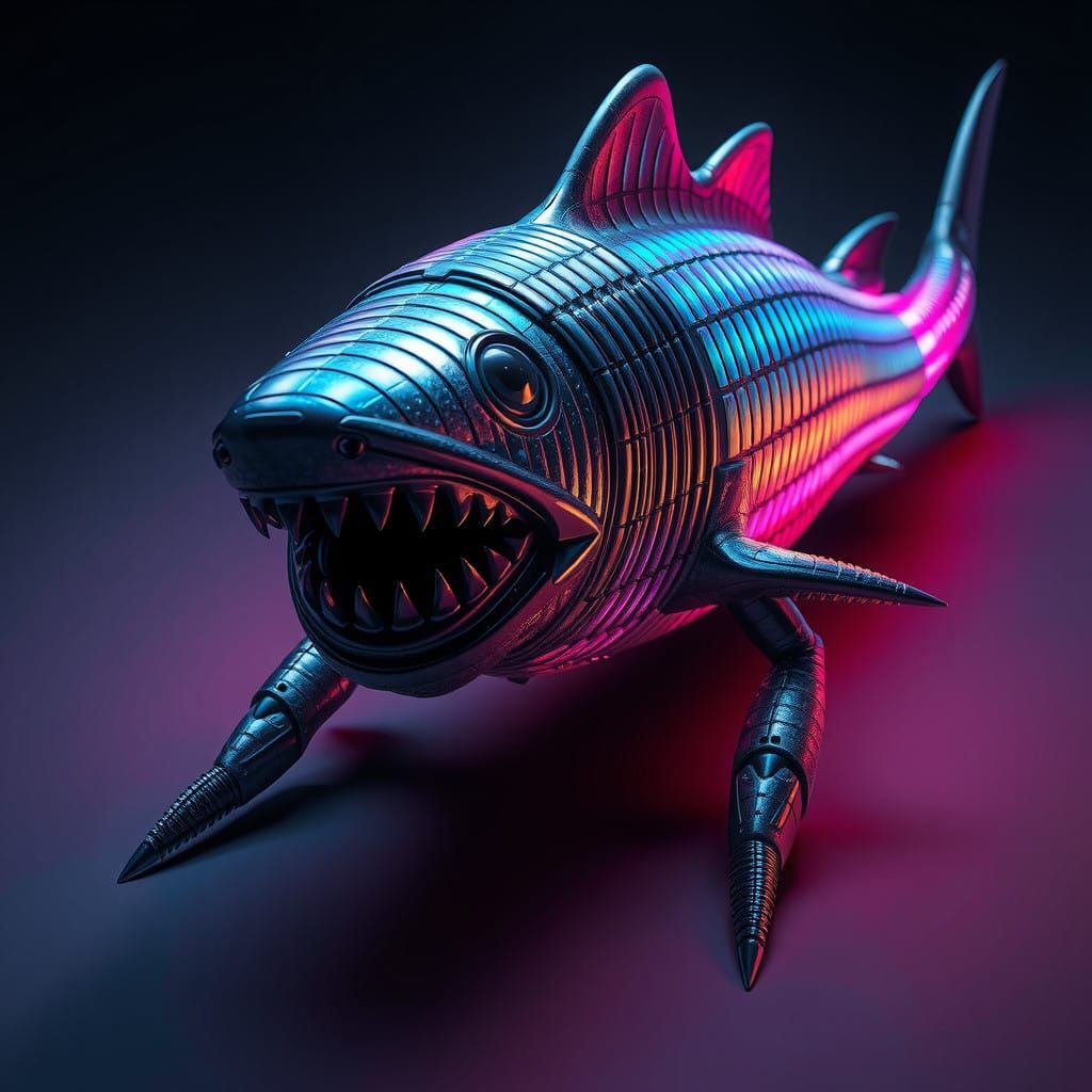 Cyberpunk Alien Shark-Creature with Glowing Armor