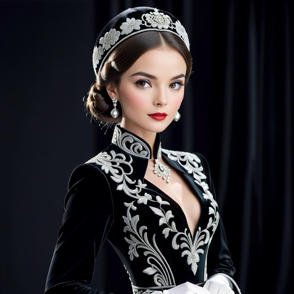 Elegant Woman in Black Ball Gown, High-Fashion Portrait