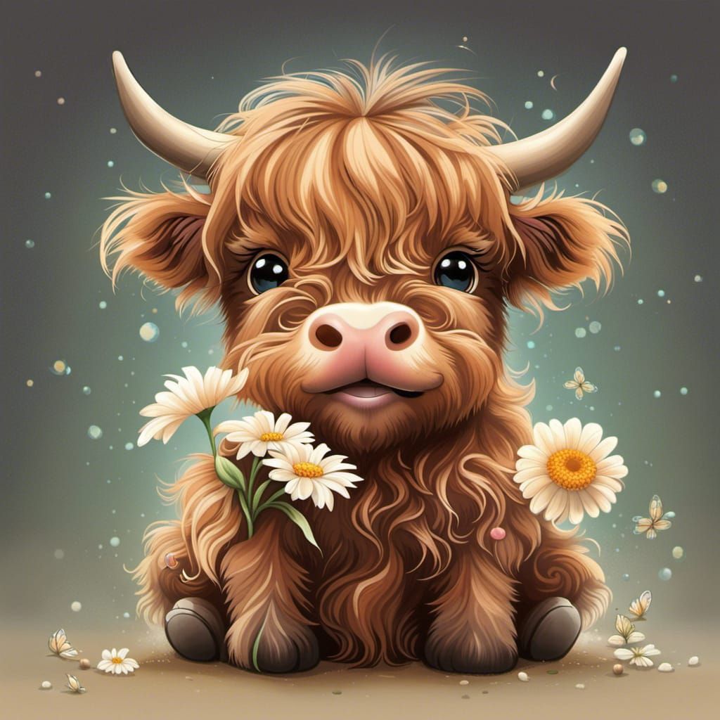 Adorable cute happy baby scottish highland cow with dreamy eyes, sitting down and holding a flower, nursery art, very re...