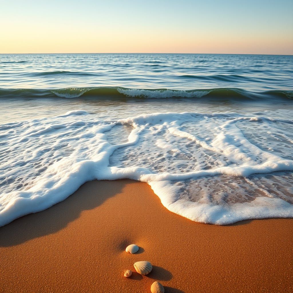 Serenely Vast Ocean Landscape with Shells and Pebbles