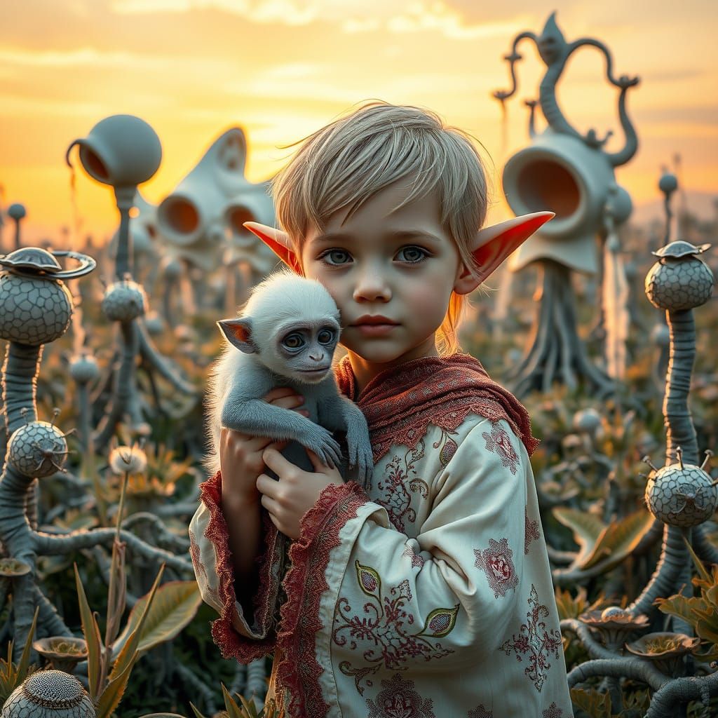 Elven Child with Monkey in Surreal Landscape