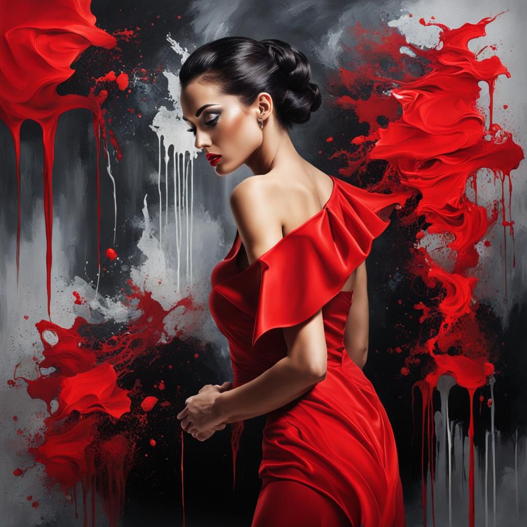 Woman in Red Dress: Surrealist Abstract Oil Painting