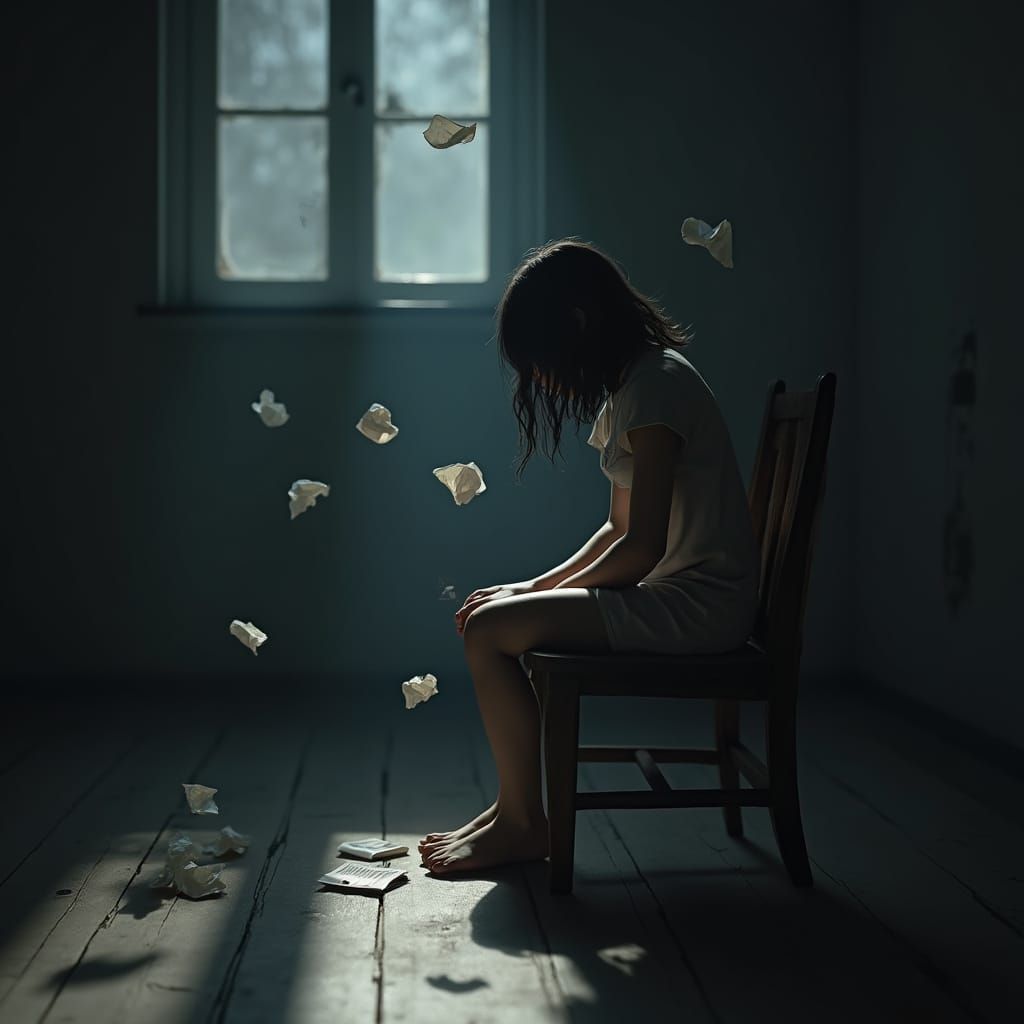 Girl in Dim Room with Floating Papers, Dramatic Shadows