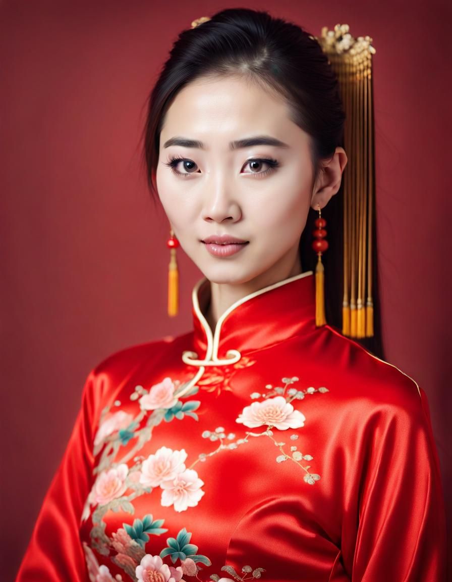 Portrait of Young Woman in Red Chinese Dress