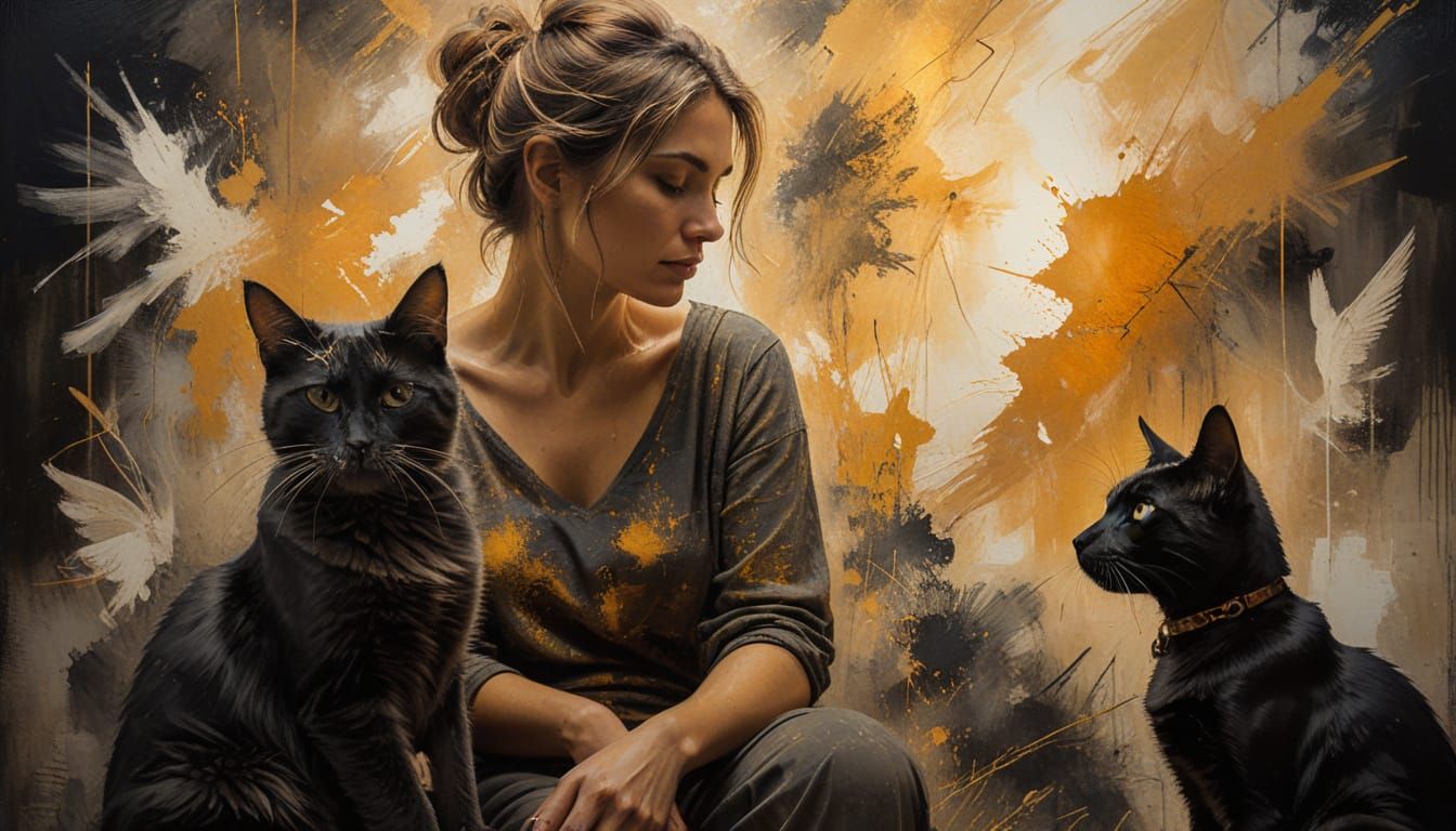 Contemplative Woman with Pets in Textured Abstract Painting