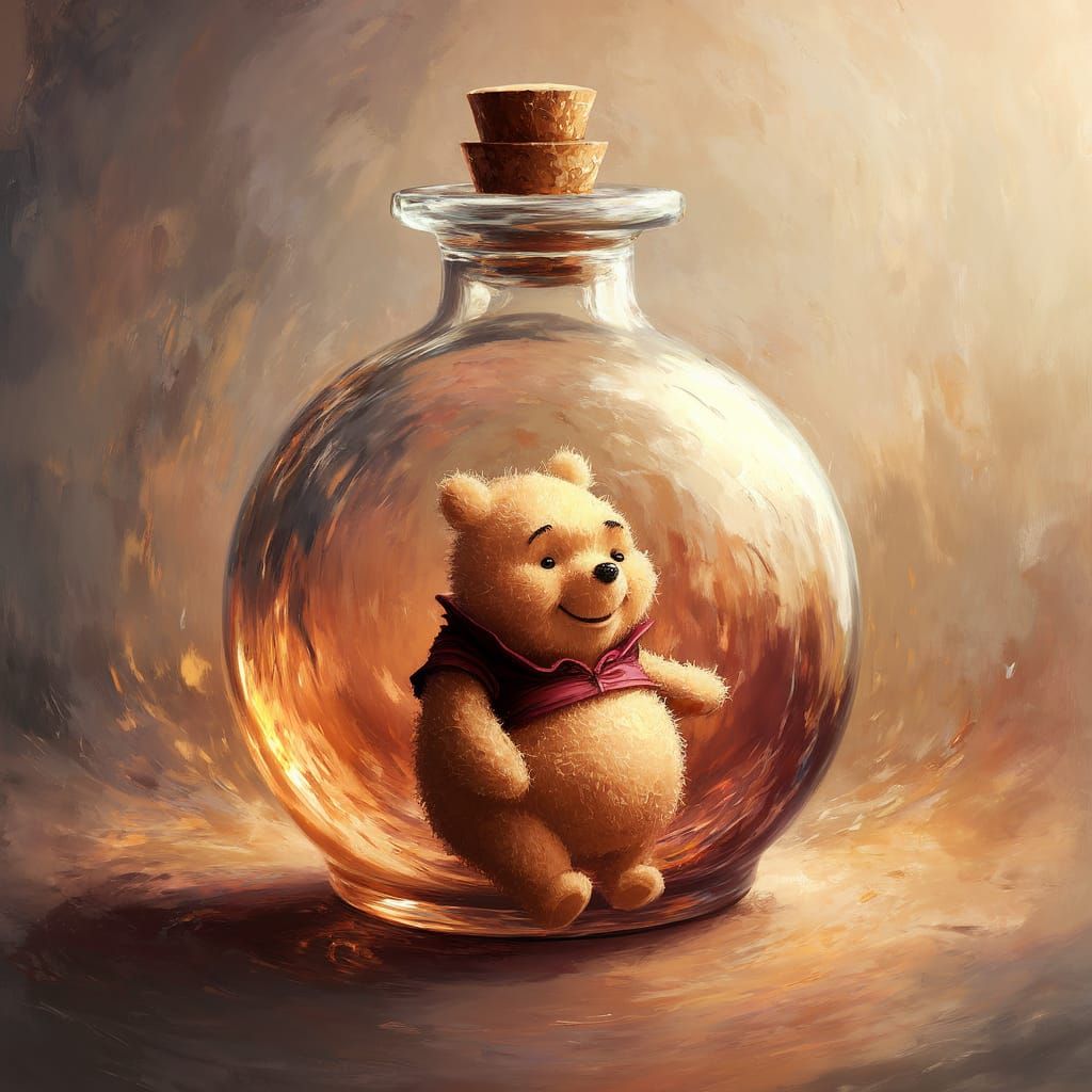 Impressionist Winnie the Pooh in a Golden Bottle