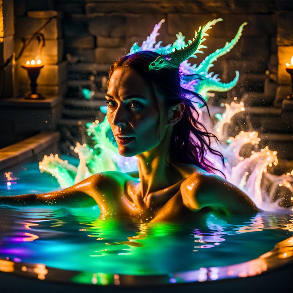 Luminous Woman Splashing in a Rainbow Dragon Bath