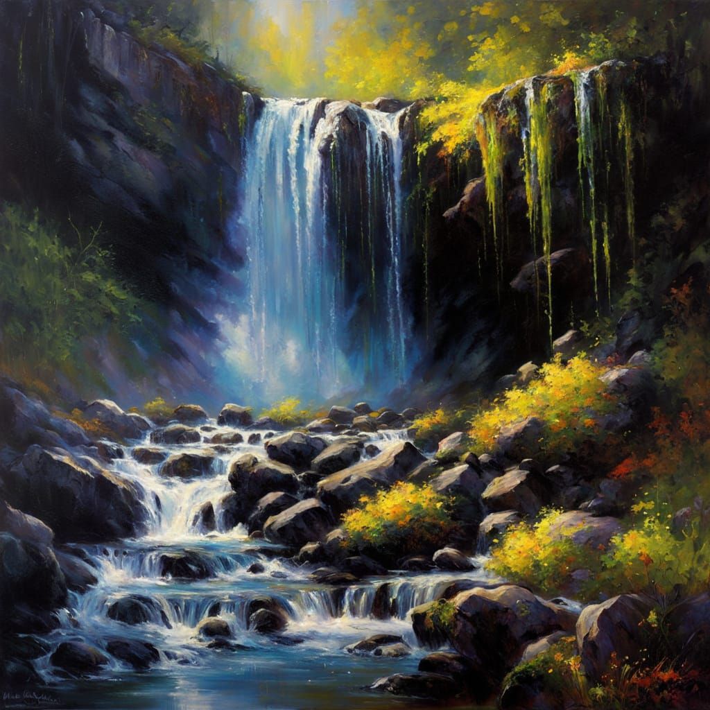 Majestic Waterfall in Neon Blacklight