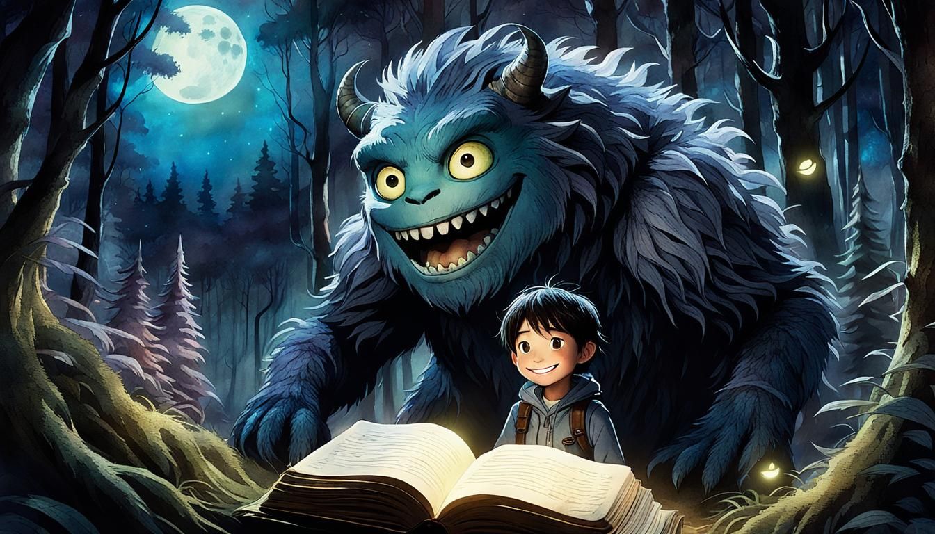 Child and Monster Friend in Mystical Forest