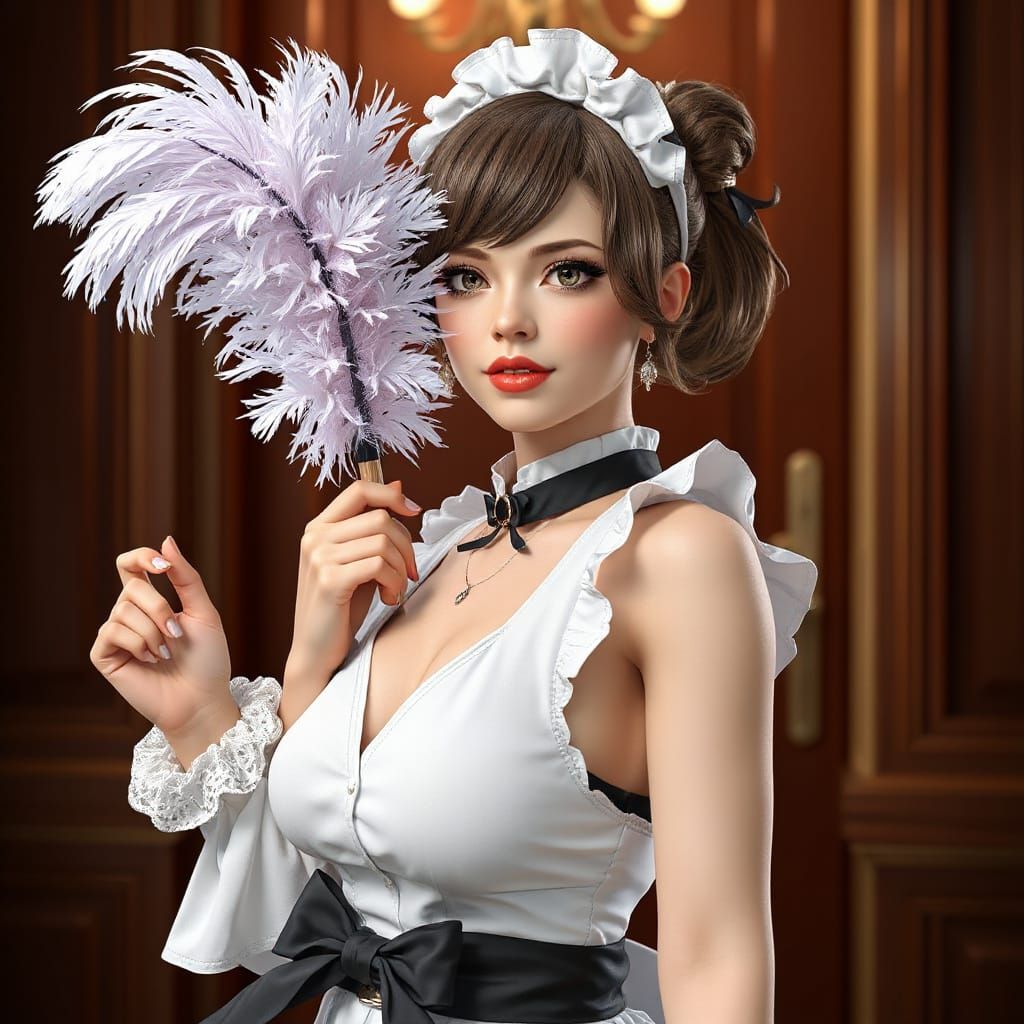 A flirty looking woman in a maid costume, posing with a feat...