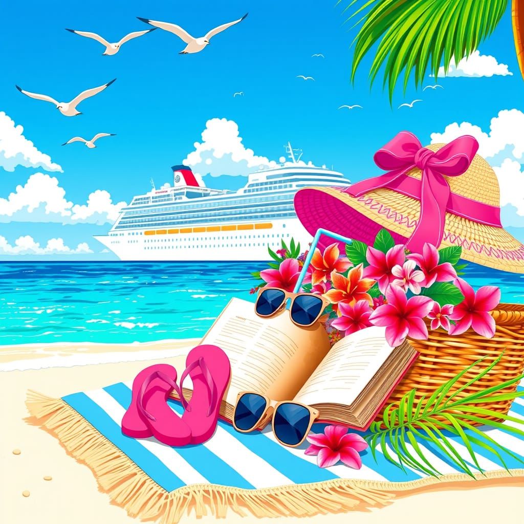 Vibrant Tropical Beach Scene with Cruise Ship