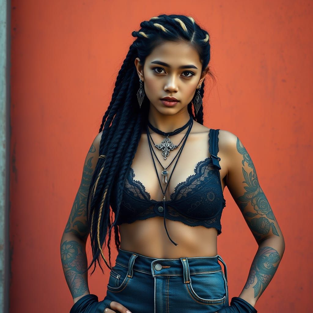 Edgy Indonesian Woman with Tattoos in Urban Setting
