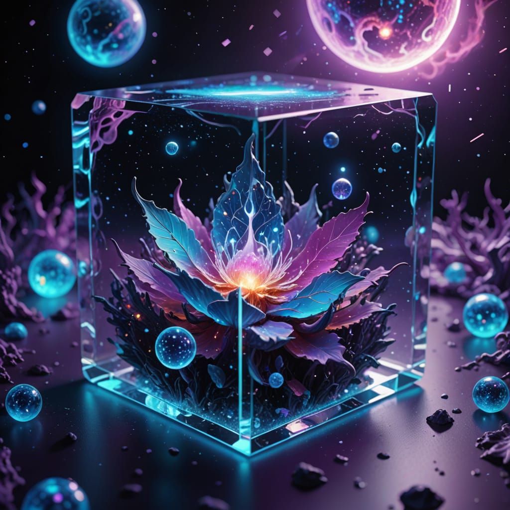 Ethereal Cosmic Realm Within Glass Cube