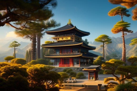 Steampunk Japanese Temple in Mountain Landscape