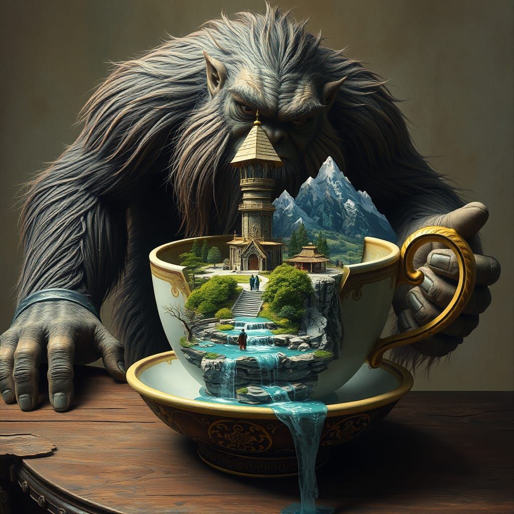 Surreal Troll Observes Teacup World as Digital Art