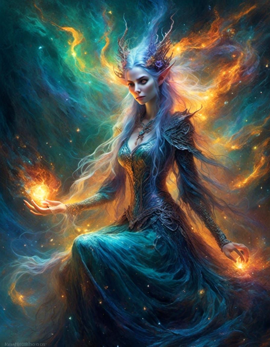 High Elf Sorceress Casting Lightning Bolt in Fantasy Art