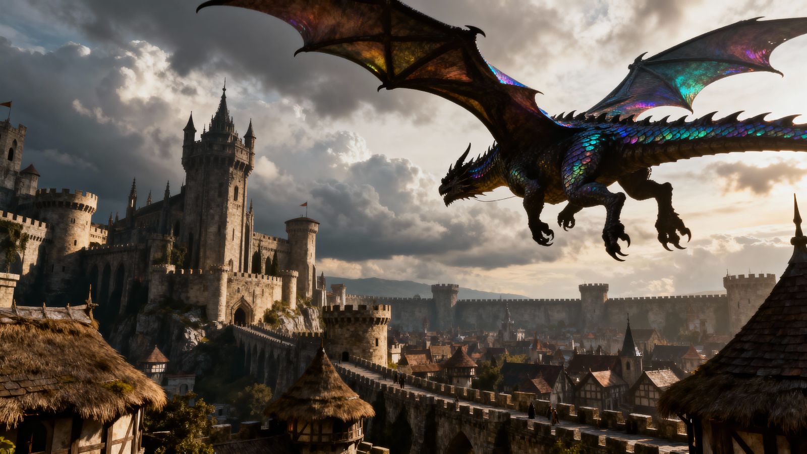 Colossal Dragon Over Medieval City, Fantasy Art Style