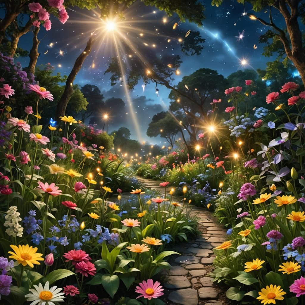 Eden Garden in Bloom at Night with Fireflies