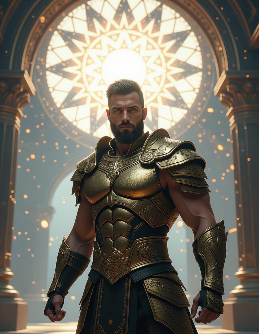 Muscular Isu Warrior Transforming in Luminescent Armor