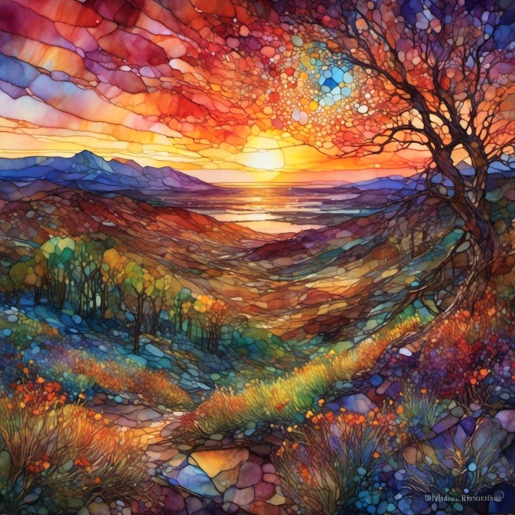 Sunset Landscape Refracted Through Shattered Glass