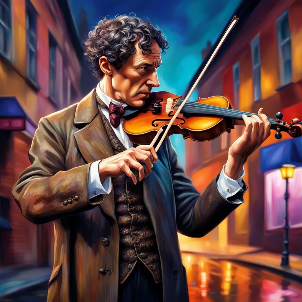 Sherlock Holmes Plays Violin: Hyperrealistic Splash Art