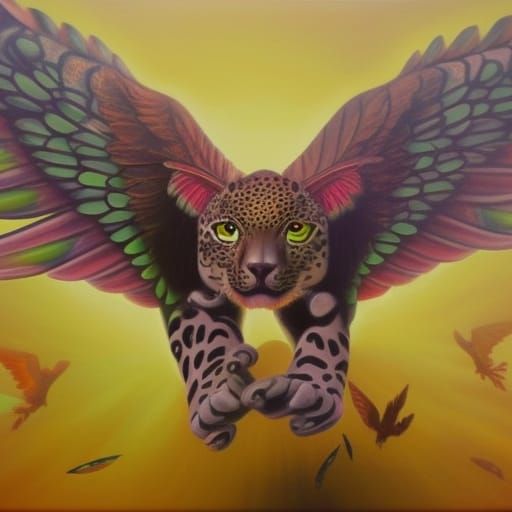Winged Jaguar in Flight: Oil on Canvas Fantasy