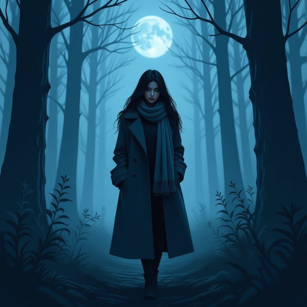 Melancholic Woman in Moonlit Forest, Illustrative Art
